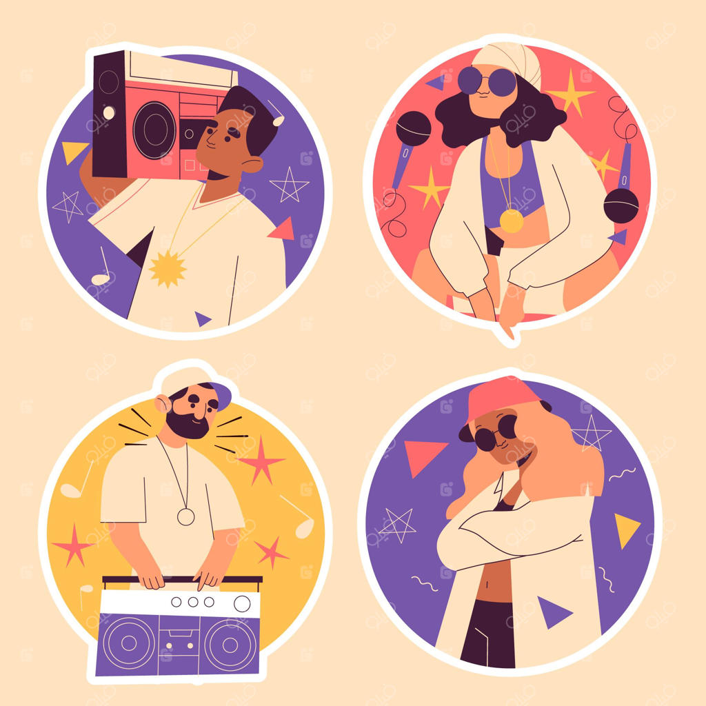 برچسب‌های هیپ‌هاپ با طرح‌های رنگارنگ و ساده