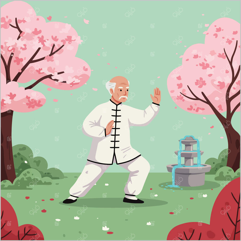 تمرین تای‌چی در باغی با درختان شکوفه‌دار