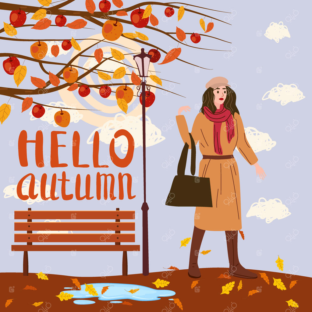 زن جوان در پارک پاییزی شهر، لباس‌های مد روز و شیک، حال و هوای پاییز. نوشته: سلام پاییز