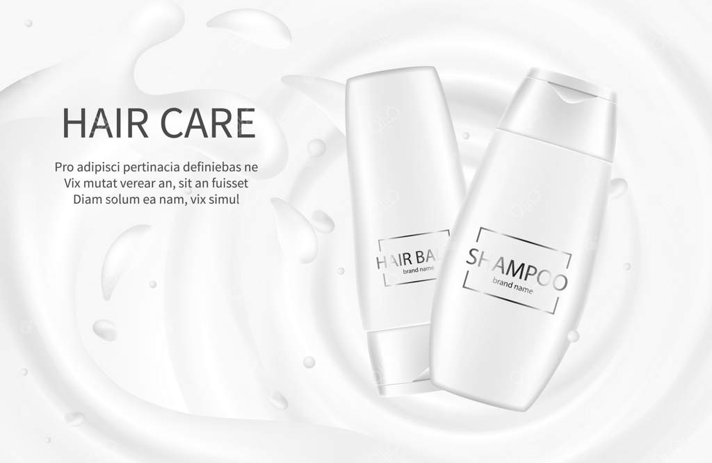 بنر لوازم آرایشی مو: تبلیغات شامپو. تصویرسازی تبلیغاتی کرم، بالم و لوسیون با پاشش شیر. بسته‌بندی شامپو برای مراقبت از مو.