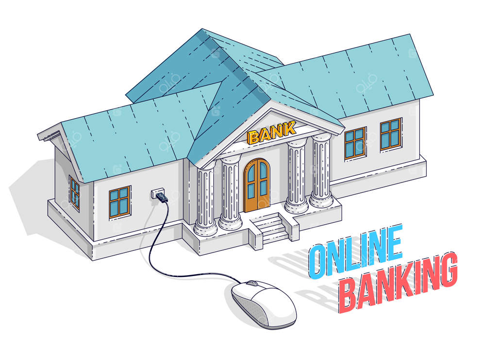 مفهوم بانکداری آنلاین: ساختمان بانک متصل به ماوس کامپیوتر روی زمینه سفید. طرح وکتور سه‌بعدی ایزومتریک کسب‌وکار و مالی، طراحی با خطوط نازک.