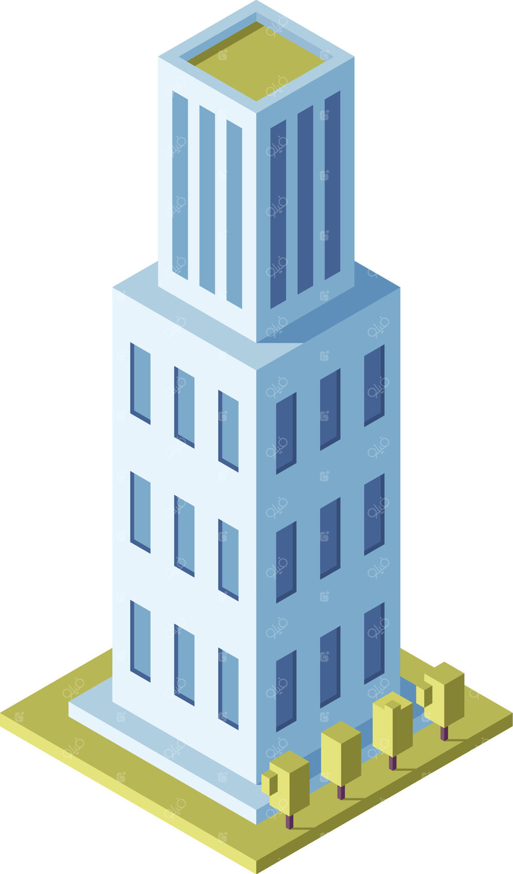 ساختمان اداری مدرن در شهری پر از درختان، معماری شیکی دارد که با منظره شهری هارمونی دارد. برج بلند نماد تجارت مدرن در یک کلان‌شهر پرجنب‌وجوش است.