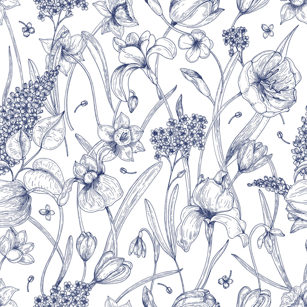 الگوی زیبا و یکپارچه‌ای از گل‌های بهاری با خطوط نقاشی شده بر روی زمینه سفید
