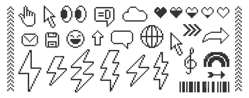 مجموعه‌ای از ایموجی‌ها: کره زمین، حباب‌های گفتگو، رنگین‌کمان و رعد و برق. تصویر پیکسل آرت.