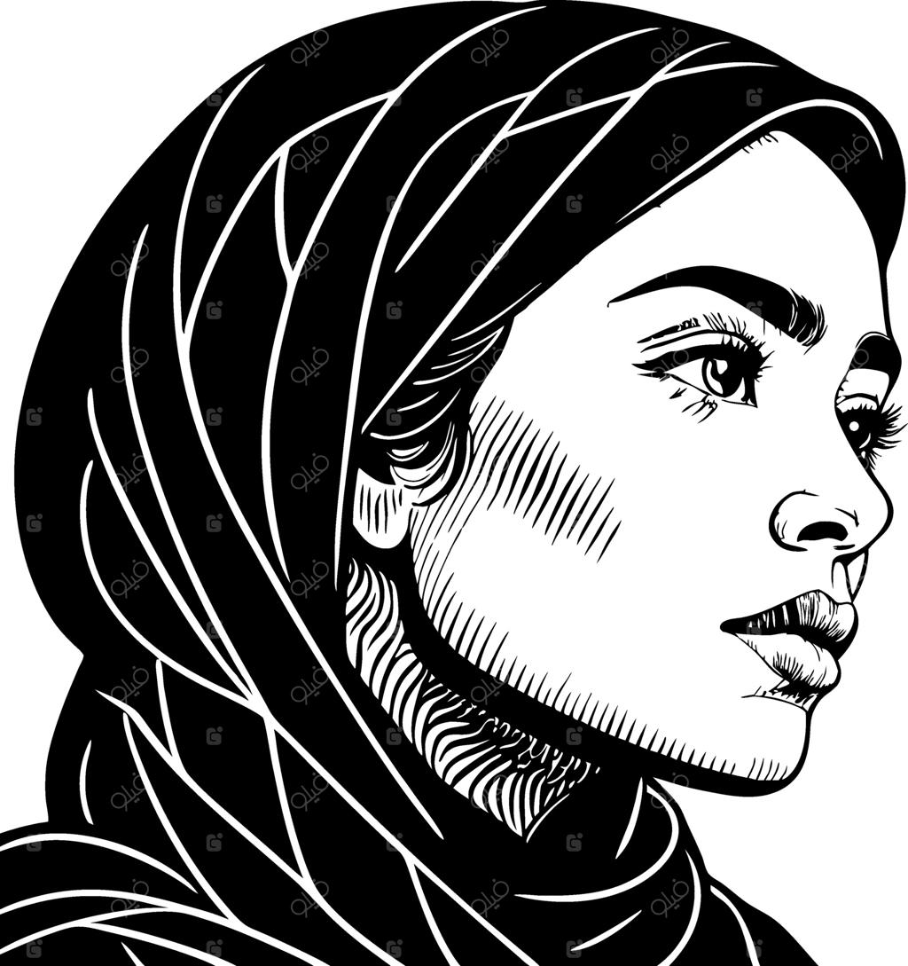 پرتره هنری زن محجبه باوقار برای طراحی تاتو و کتاب رنگ‌آمیزی