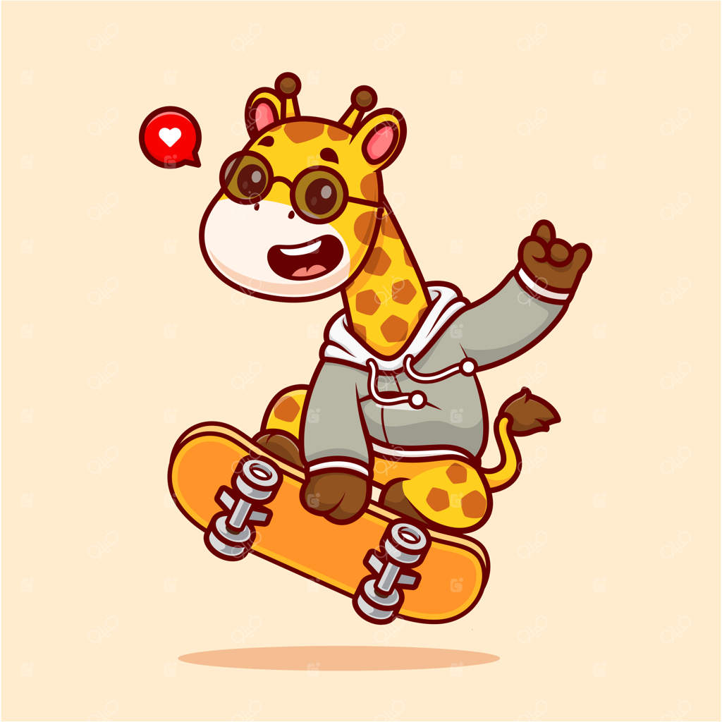 تصویر آیکون وکتور زرافه بامزه روی اسکیت‌بورد. مفهوم آیکون حیوانات ورزشکار