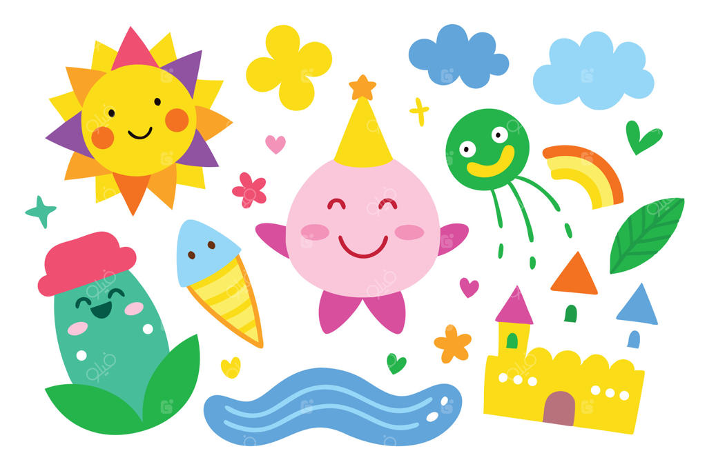 تصویرسازی کارتونی تابستانی شامل خورشید، ابرها، بستنی، قلعه، دریاچه و مجموعه شخصیت‌های خندان