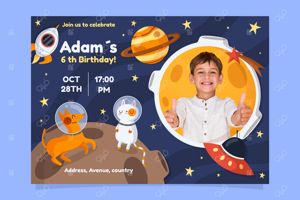 قالب کارت تولد کودکانه با موضوع فضا و سیارات