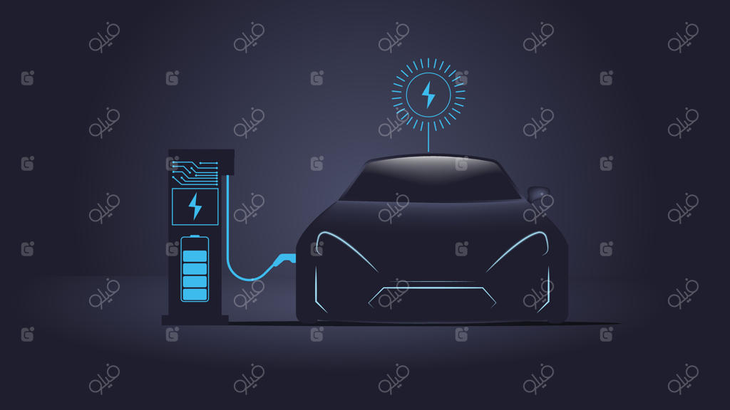 خودروی الکتریکی مدرن و آینده‌نگر در حال شارژ با انرژی آبی درخشان، مناسب برای پروژه‌های طراحی تکنولوژی، خودروسازی، محیط زیست دوست و انرژی پاک