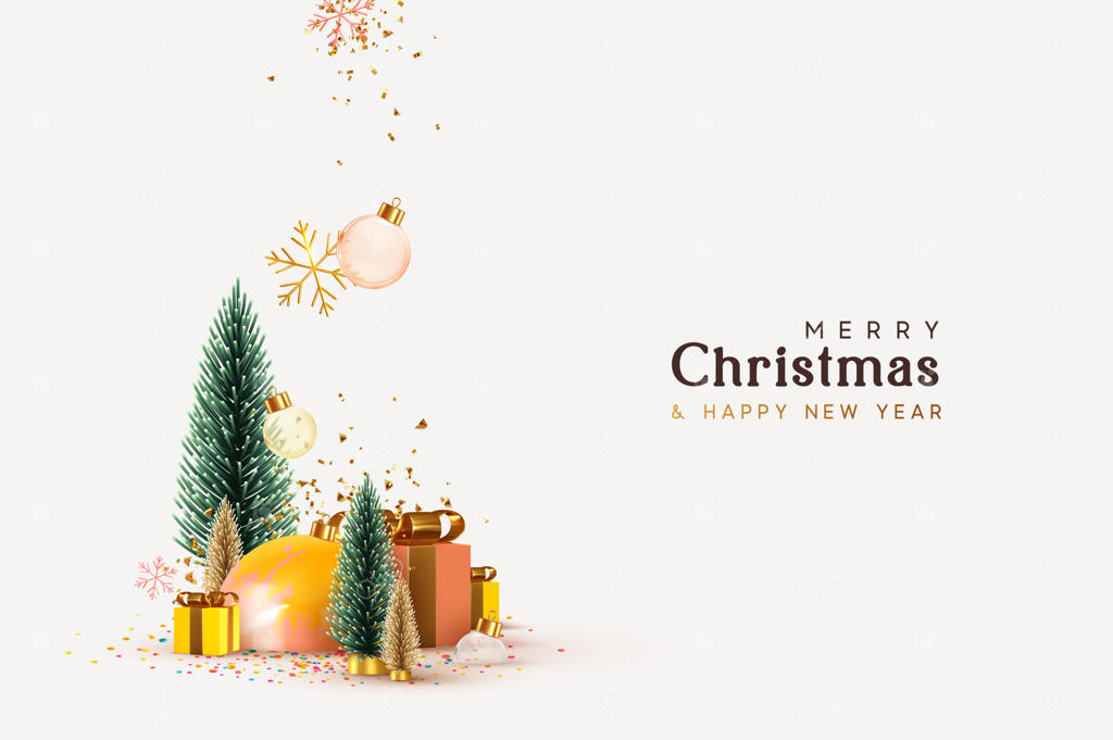 پس‌زمینه جشن کریسمس و سال نو. درخت‌ کاج زمستانی سبز و تُنُک. درخت‌های طلایی و نقره‌ای کریسمس. افتادن دانه‌های برف با گوی‌های زینتی و کاغذ رنگی. باکس کادو و برف. ترکیب شادی‌آور زمستانی