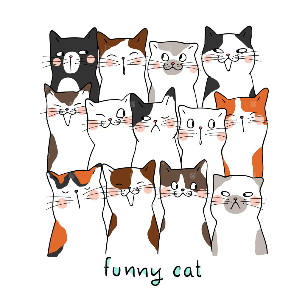 نقاشی پرتره گربه‌های بامزه به سبک کارتونی و خط‌خطی