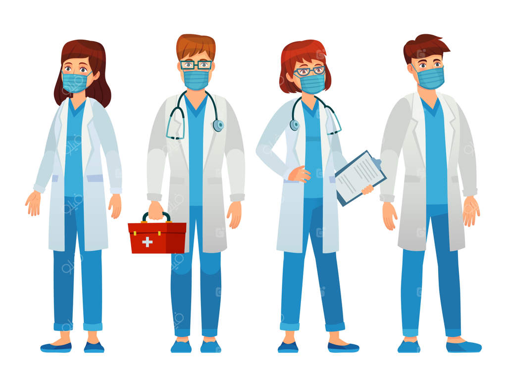 پزشکان با ماسک صورت، زنان و مردان کادر پزشکی. متخصص اپیدمی، حمایت از مراقبت‌های بهداشتی، حرفه‌ای بیمارستانی با ماسک محافظتی.