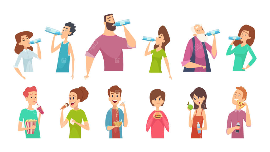 شخصیت‌های خوردن و نوشیدن: بطری آب در دستان افراد؛ مجموعه وکتور افراد در حال خوردن غذاهای مختلف