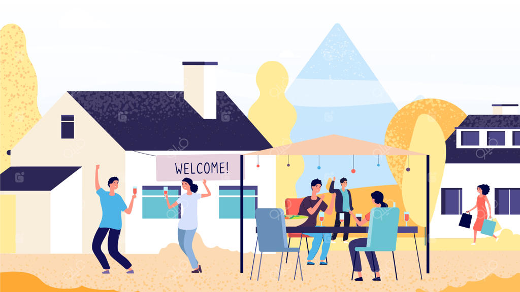 جشن پاییزی: شخصیت‌های شاد. جشن در باغ برای زوج‌های جوان، تعطیلات جوانان، زمان شادمانی. تصویرسازی از جشن پاییزی در باغ با مردم شاد