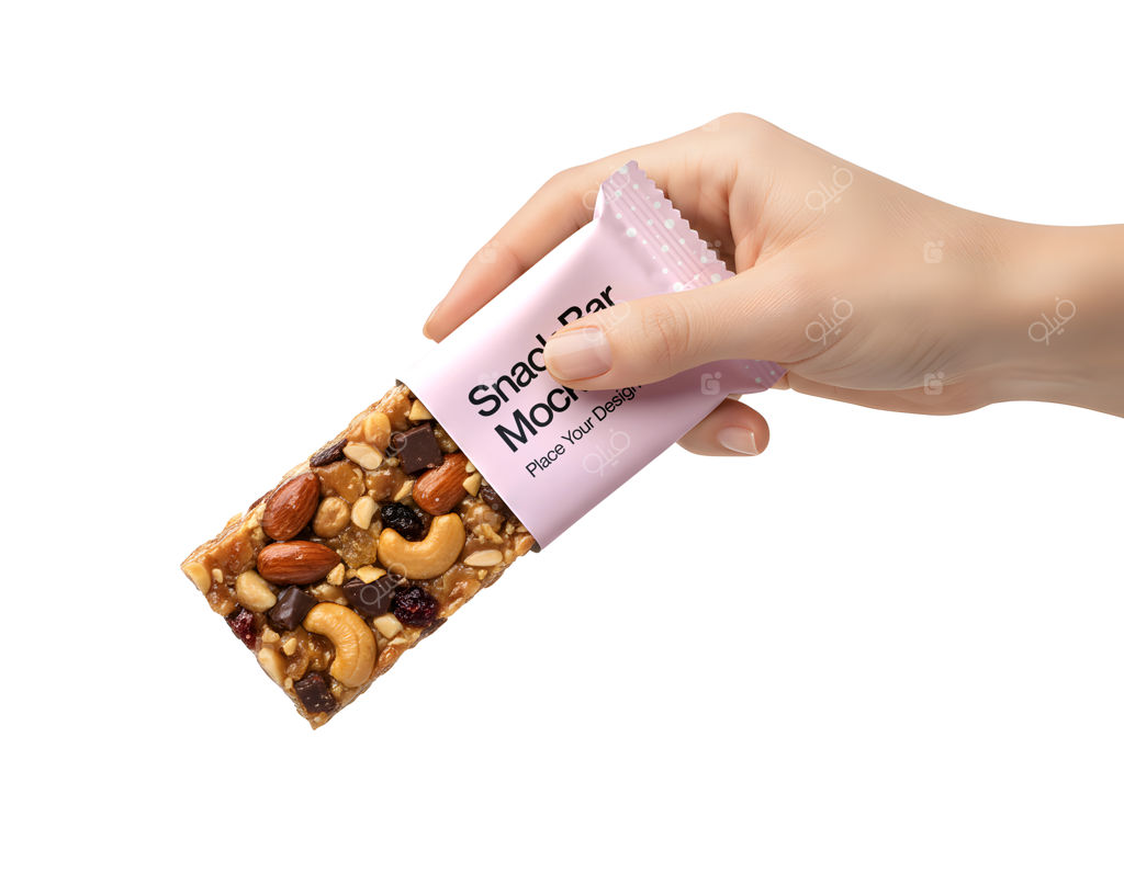 موکاپ اسنک بار در دست، ایزوله با پس‌زمینه سفید برای برندینگ