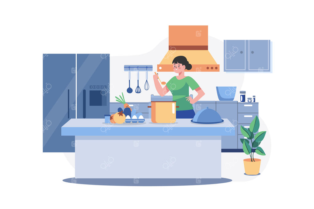 دختری در حال آشپزی بر روی میز آشپزخانه