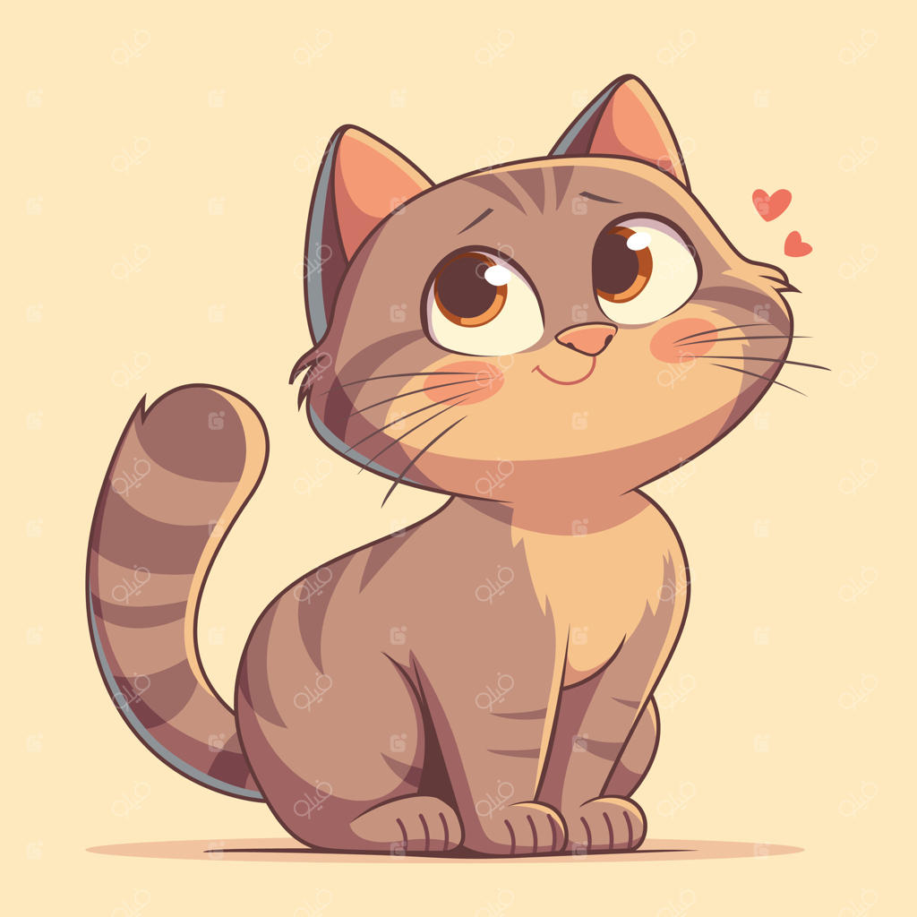 گربه کارتونی دوست‌داشتنی با چهره‌ای مهربان و قلب‌ها