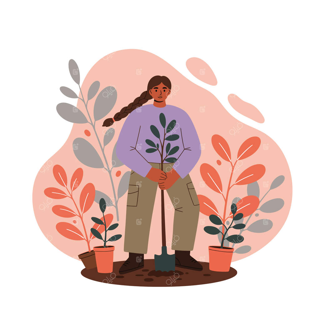 زنی که در یک باغ پر از برگ‌ها و گلدان‌های رنگارنگ پاییزی گیاهی کوچک می‌کارد