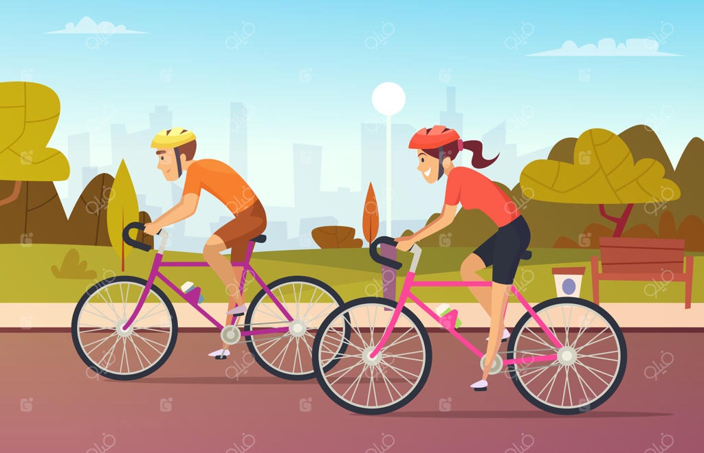 دوچرخه‌سواران مرد و زن در پارک شهری رکاب می‌زنند