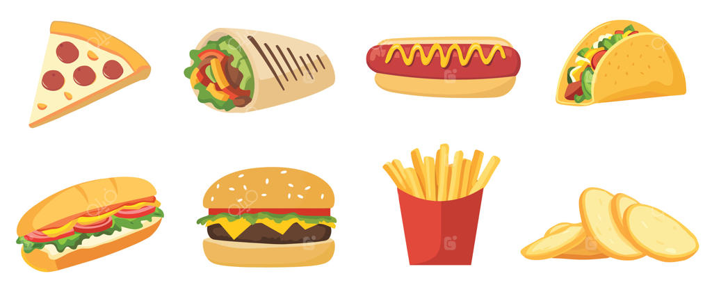 ست غذاهای فست فود: مجموعه غذاهای ناسالم - تصویرسازی تخت