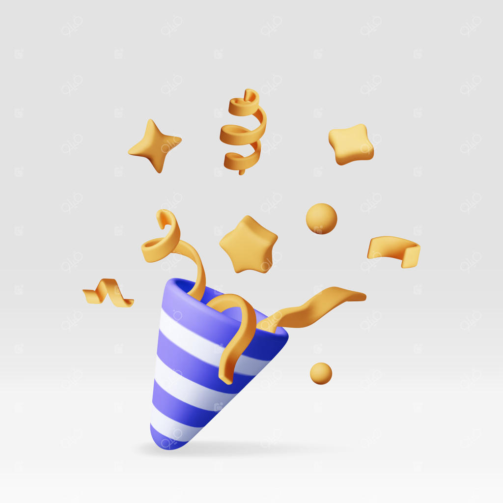 بمب شادی سه بعدی با کاغذ رنگی در پس‌زمینه سفید؛ مجموعه رندر کاغذهای رنگی و المان‌های طلایی فشفشه در اشکال مختلف