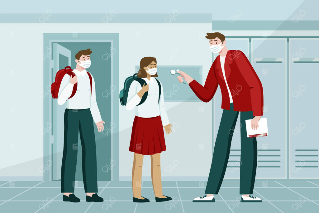 معلم در حال اندازه‌گیری دمای بدن کودکان