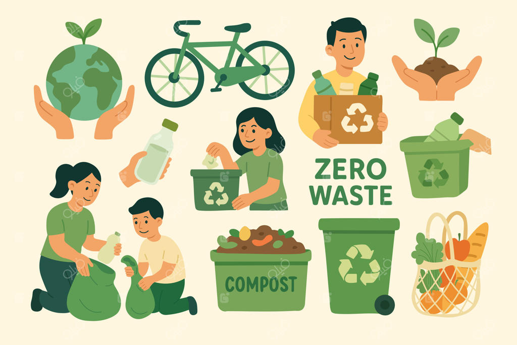 مجموعه‌ای از مفاهیم زیست‌محیطی با خودروهای برقی، دوچرخه‌ها، صفحات خورشیدی، بازیافت، کالاهای قابل استفاده مجدد و حفاظت از طبیعت.