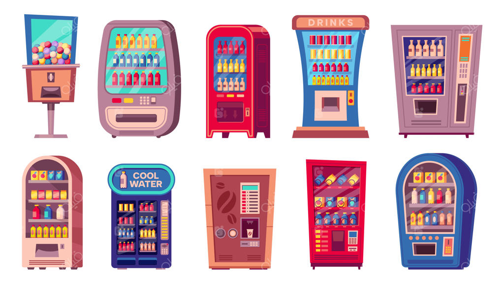 کارتون دستگاه فروش خودکار: تنقلات و نوشیدنی‌های سرد - دستگاه‌های فروش شیرینی و نوشیدنی‌های سرد – مجموعه‌ای از تجهیزات فروش خوراکی راحت – فروش بطری آب و قهوه داغ