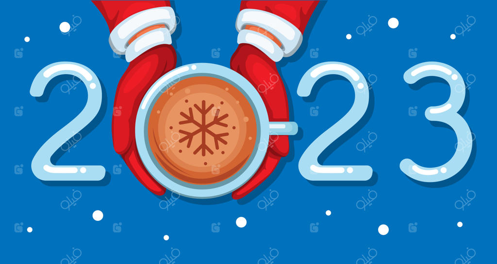 تصویر وکتور کارتون دانه‌های برف لاته آرت قهوه سال ۲۰۲۳ بر روی دست بابانوئل