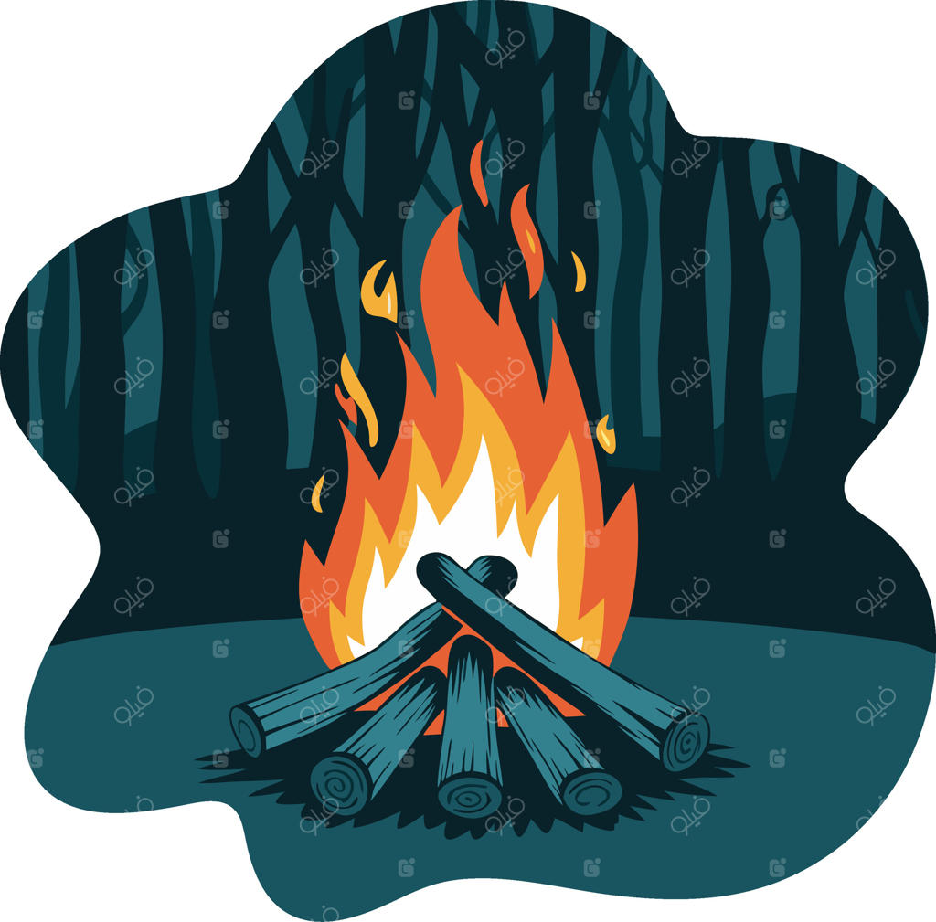 تصویرسازی آتش کمپ در شبِ جنگل با موضوع کمپینگ و ماجراجویی در طبیعت