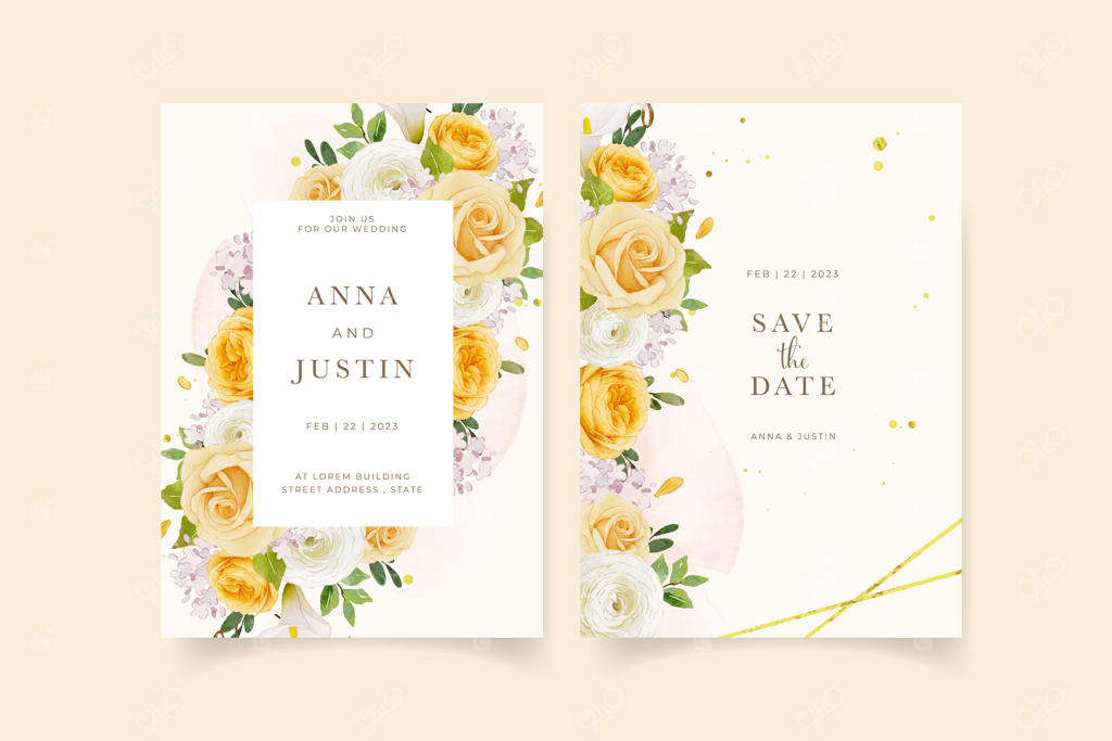 دعوت‌نامه عروسی با طراحی گل‌های آبرنگی: رز زرد، سوسن و گل‌انسی