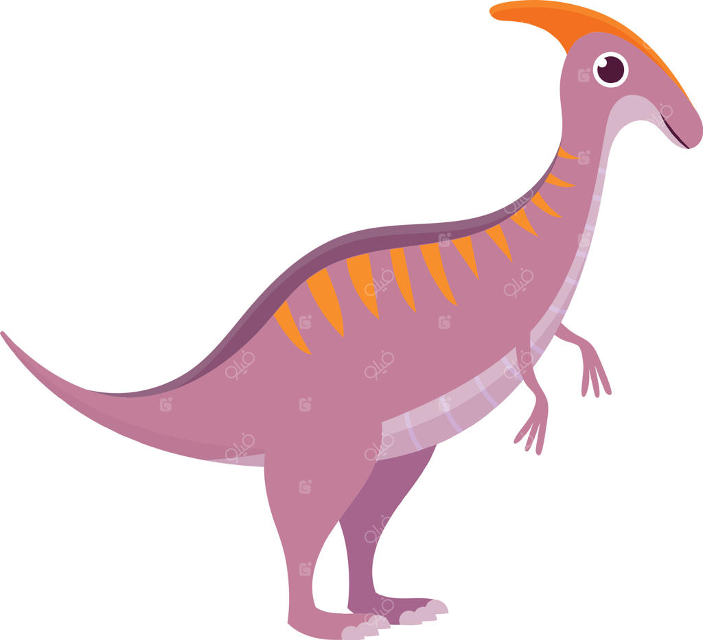 دایناسور پاراسورولوفوس کارتونی با رنگ‌های نارنجی و بنفش شاد، مناسب برای طراحی‌های علمی یا حیات وحش