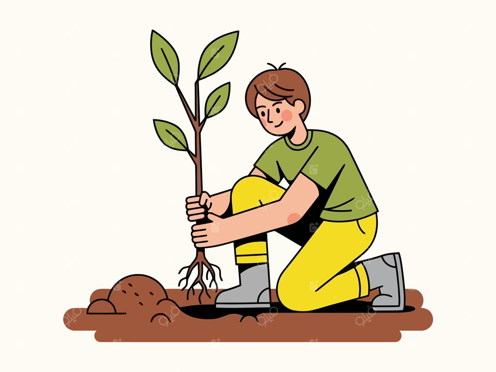 تصویرسازی مرد جوان در حال کاشت نهال در خاک