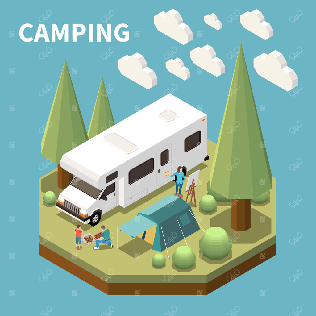 ترکیب ایزومتریک: زن در حال نقاشی و مرد با کودک در حال روشن کردن آتش در کمپینگ