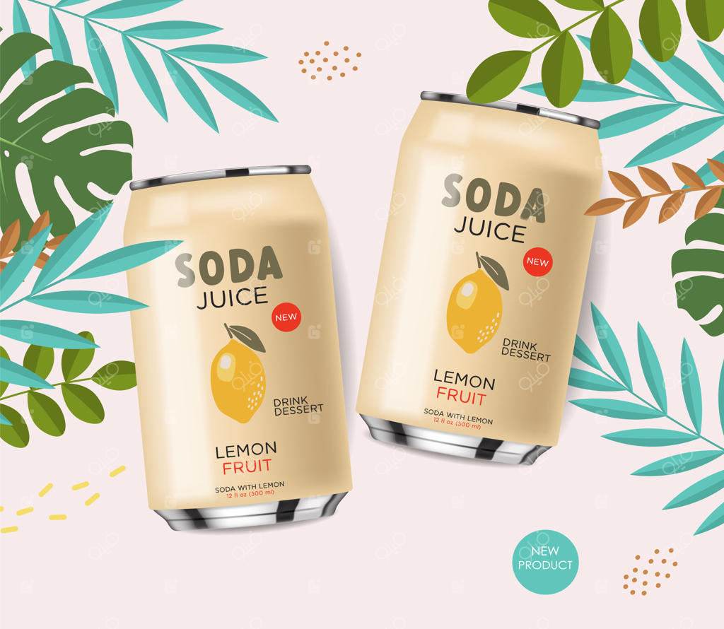 نوشابه در قوطی فلزی همراه با لیمو، طرح سه بعدی و واقع‌گرایانه قوطی زرد، نوشیدنی تابستانی
