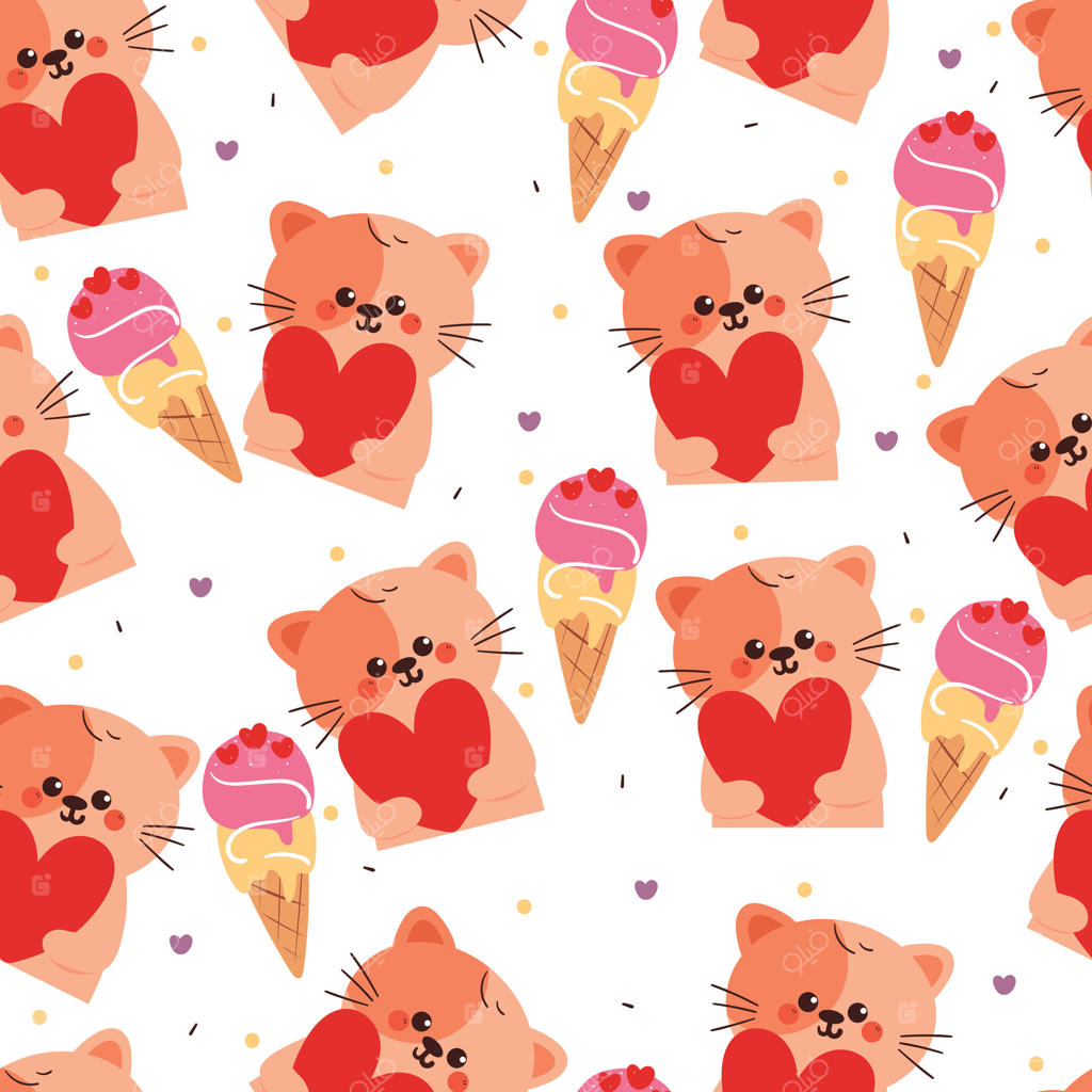 پترن بامزه گربه کارتونی با قلب قرمز و بستنی - طرحی جذاب برای کاغذ دیواری و کاغذ کادو سفید.