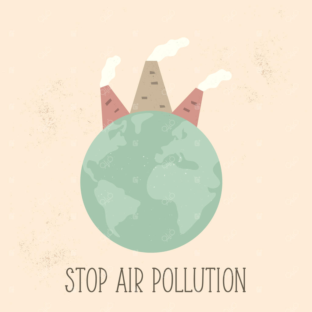 پوستر مفهومی توقف آلودگی هوا با تصویر کره زمین و کارخانه‌های آلاینده