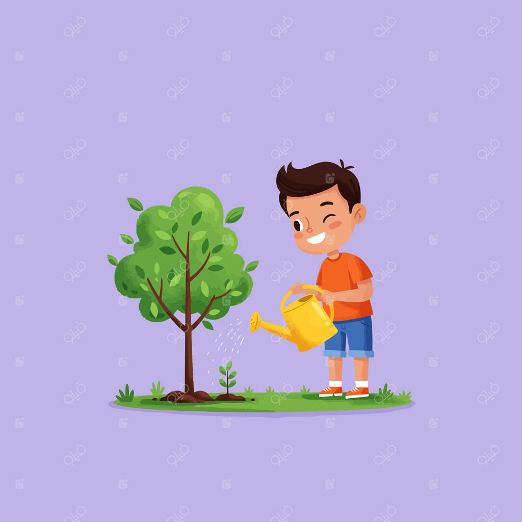 پسر در حال آبیاری نهال جوان در باغ - تصویر کارتونی