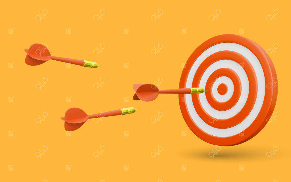 تخته دارت با دارت‌ها: مفهوم زمان بازاریابی بازی‌های ورزشی با هدف‌گیری کسب‌وکار - طراحی سه‌بعدی واقع‌گرایانه با نشانه‌گیری و پیکان‌ها