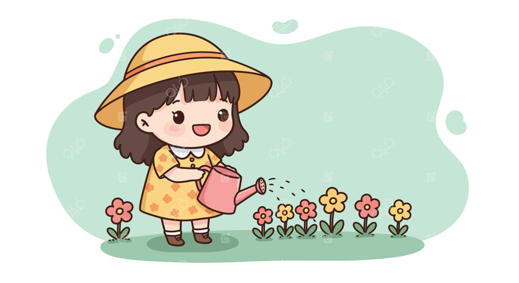 تصویر دختری زیبا با لباس زرد در حال آبیاری گل‌ها با آبپاش در فعالیت باغبانی در فضای باز