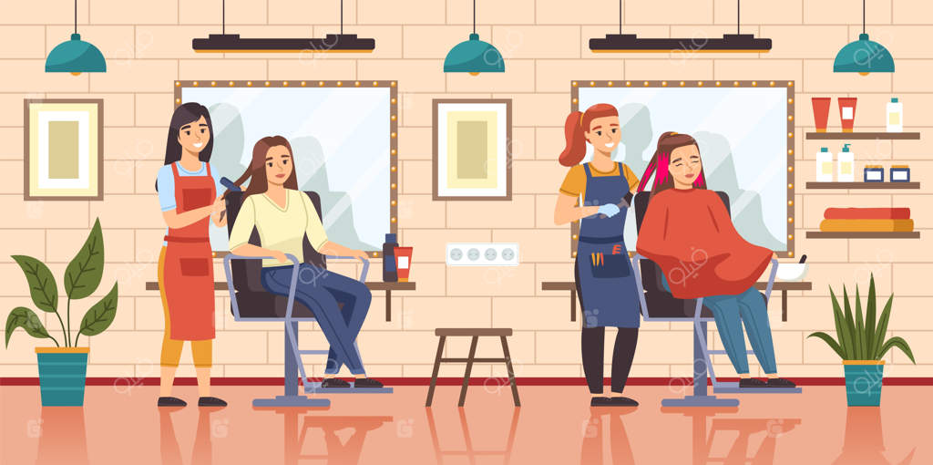 سالن آرایش زنانه: دختران روی صندلی‌های آرایشگاه جلوی آینه‌ها نشسته‌اند - فضای داخلی با آرایشگران و مشتریان، رنگ‌آمیزی روشن و مدل‌دهی مو - مفهوم کارتونی وکتور جدا شده