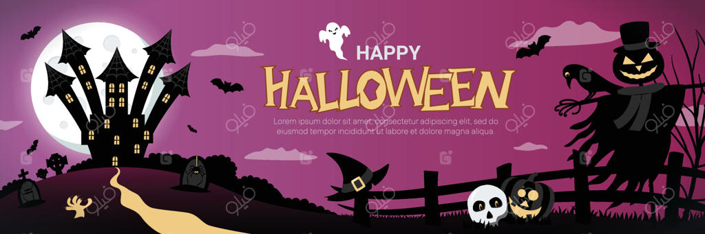 بنر هالووین با قلعه‌ی ترسناک، ماه کامل و مترسک فانوس‌دار