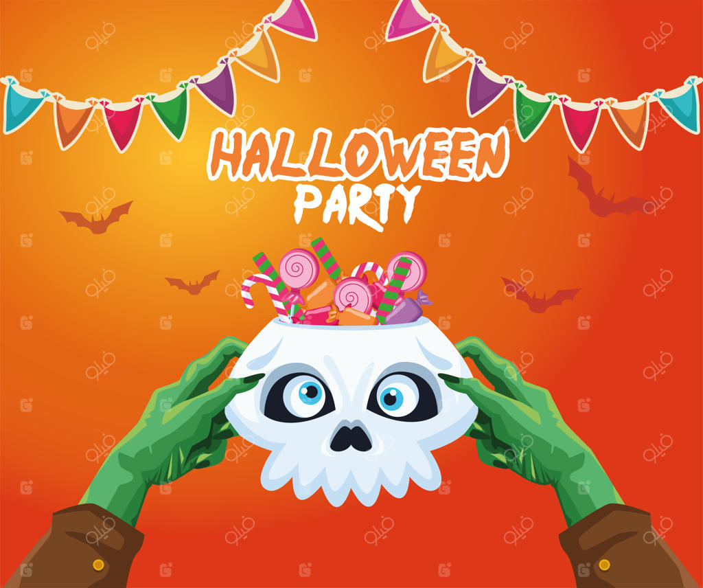 طراحی دستان زامبی هالووین در حال نگه‌داشتن جمجمه با آب نبات‌ها، تم ترسناک و تعطیلات