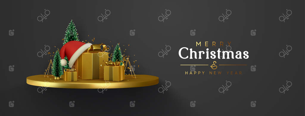 بنر کریسمس: پس زمینه سال نو مبارک. ترکیب عید زمستانی با سکوی طلایی و درختان کاج، جعبه‌های هدیه طلایی سه‌بعدی و کاغذ رنگی براق. طراحی تبریک زمستانی. تصویرسازی وکتور