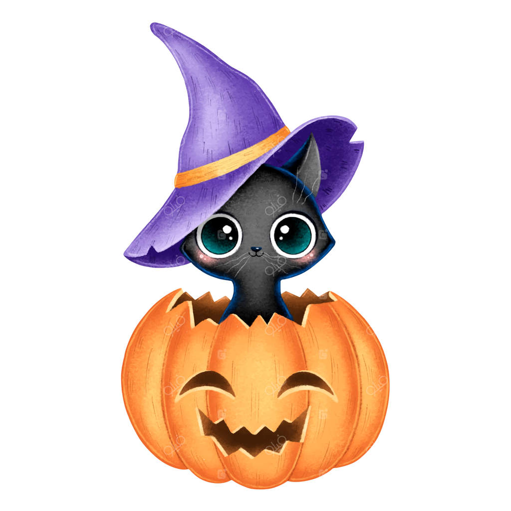 تصویر یک گربه جادویی سیاه کارتونی بامزه با کلاه جادوگری بنفش درون یک کدو حلوایی