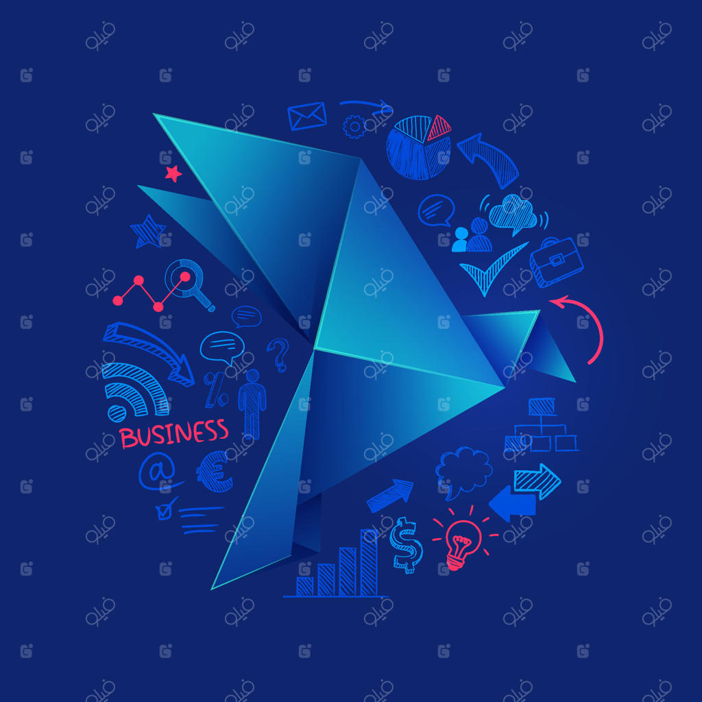 مفهوم راه‌اندازی استارتاپ: تصویر گرافیکی پرنده اوریگامی با نمادها و عناصر تجاری