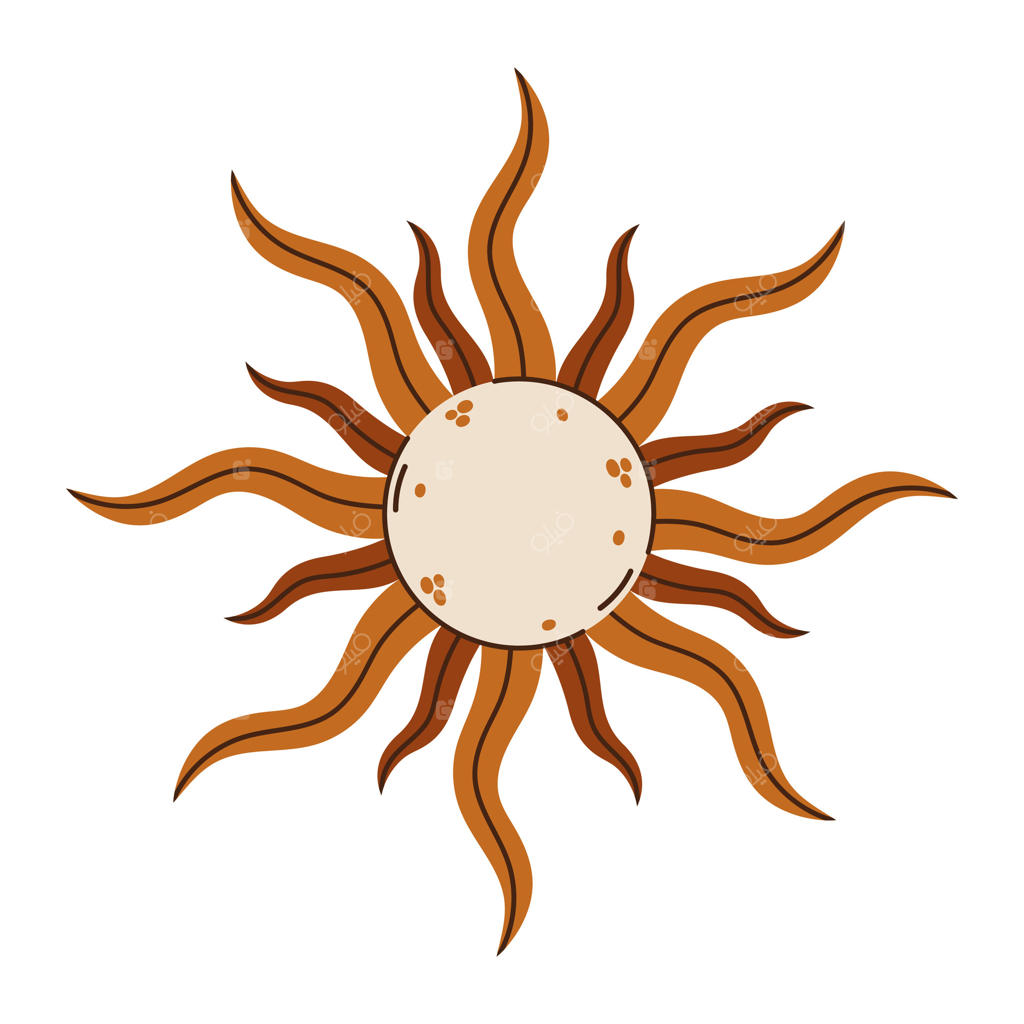 تصویر خورشید درخشان: ستاره‌ای نورانی با پرتوهای موج‌دار. هنر دست‌کشی قدیمی، جدا شده بر روی زمینه سفید. نمادی از نجوم، ستاره‌شناسی و علوم خفیه. طراحی بوهو با خورشید طلایی.