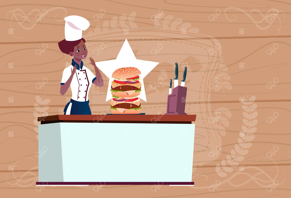 آشپز زن آفریقایی-آمریکایی در حال پختن همبرگر بزرگ - کارتون آشپز در لباس رستوران بر روی پس‌زمینه چوبی