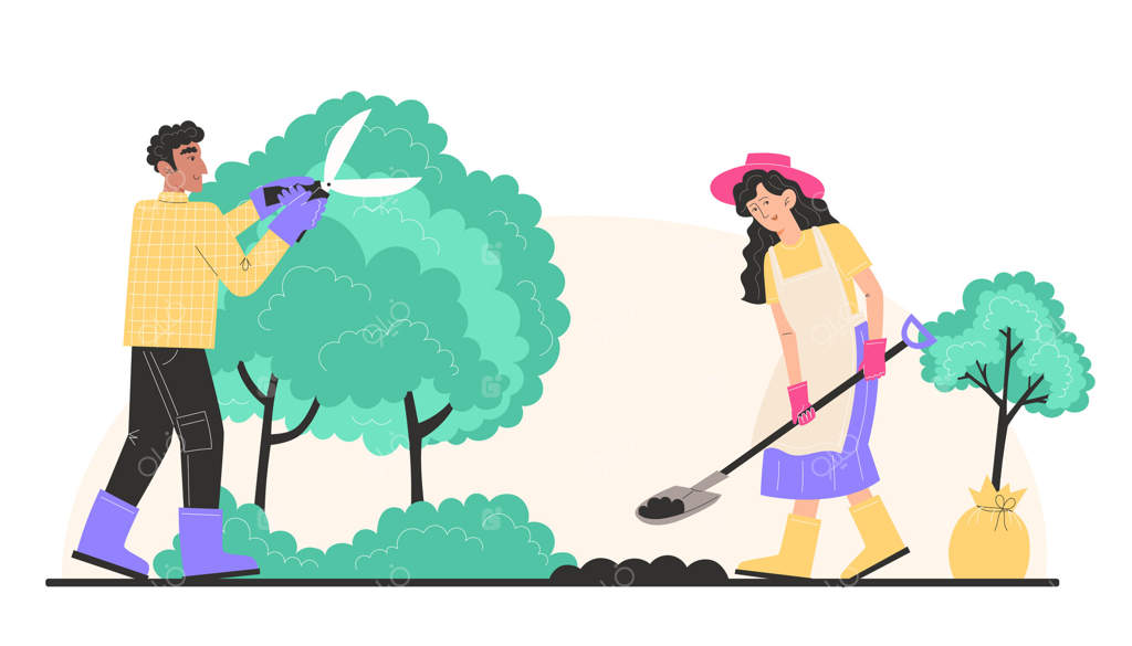 افراد از باغ مراقبت می‌کنند، مرد با قیچی باغبانی بوته‌ها را هرس می‌کند و زن با بیل زمین را می‌کند.