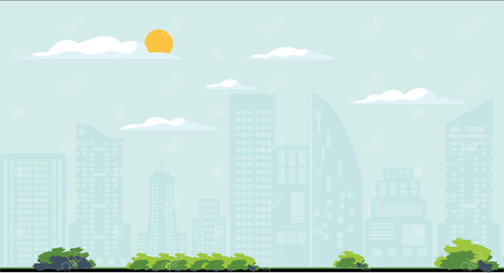 تصویری استایل‌دار و تخت از یک منظره شهری با ساختمان‌ها، درختان، بوته‌های باغ و عناصر تزیینی؛ ترکیبی از زندگی شهری و سبزینگی در طراحی مدرن و پرجنب‌و‌جوش.